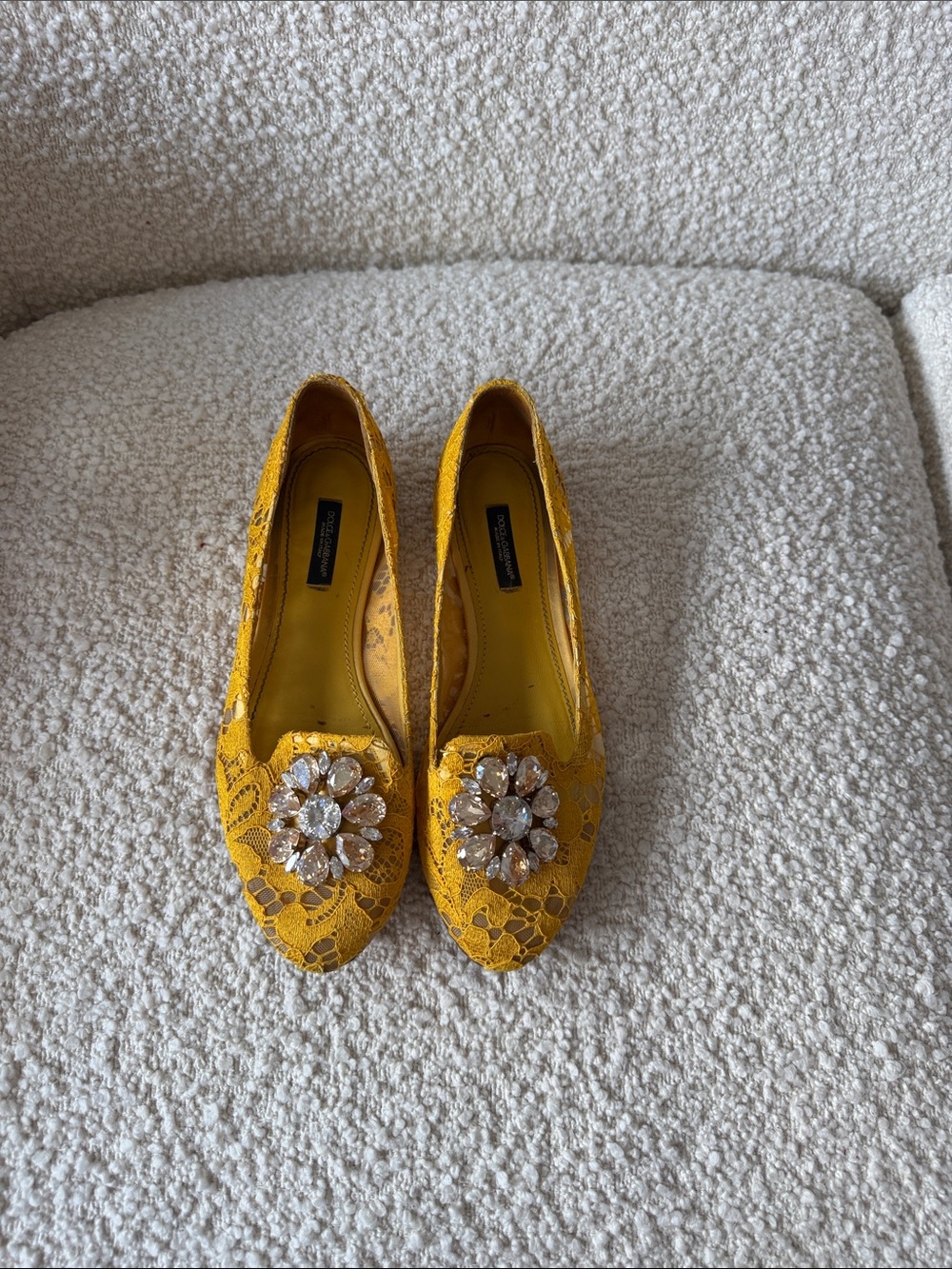 Dolce & Gabbana Yellow Lace Jeweled Ballet Flats